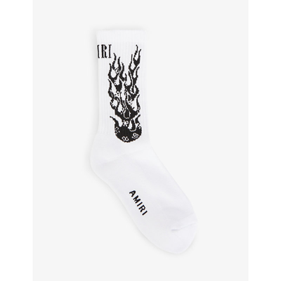 Shop Amiri Flame-print Branded Ribbed Cotton Socks In White-cotton / Nylon