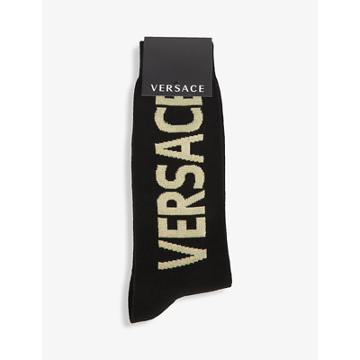 Shop Versace Athletic Brand-embroidered Cotton-blend Socks In Black-gold