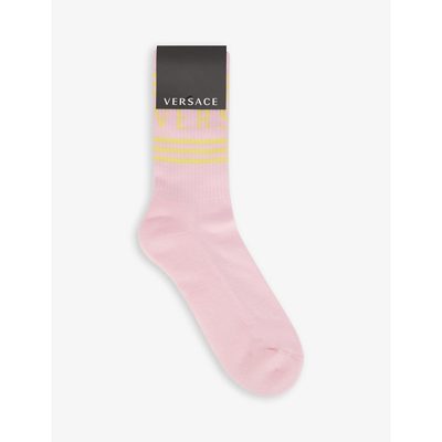 Shop Versace Athletic Brand-print Cotton-blend Socks In Candy+pineapple