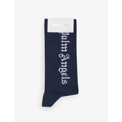 Shop Palm Angels Kids Logo-print Cotton-blend Knitted Socks In Navy