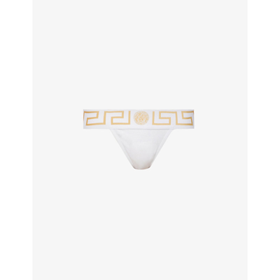 Shop Versace Greca-border Mid-rise Stretch-cotton Thong In Optical White