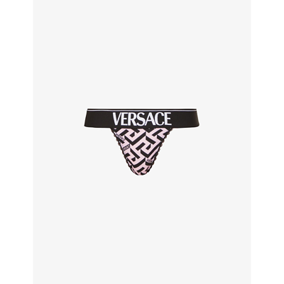 Shop Versace La Greca Monogram-print Mid-rise Stretch-cotton Thong In Candy+black