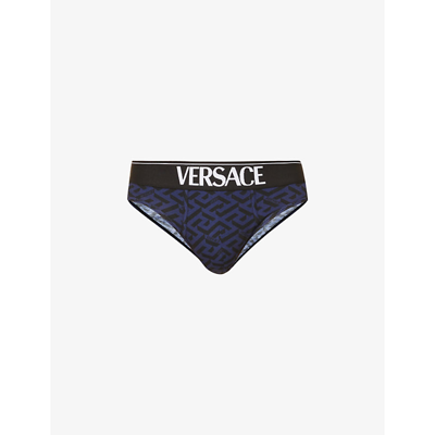 Shop Versace La Greca Logo-print Stretch-cotton Briefs In Navy+black