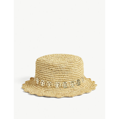 Shop Paco Rabanne Scalloped Embellished Woven Raffia Bucket Hat In Natural Light