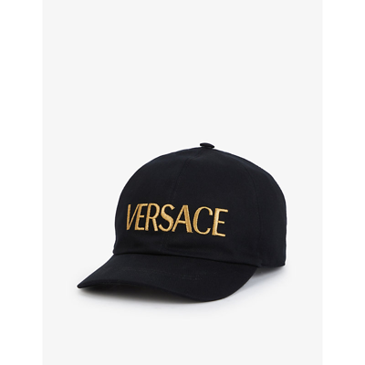 Shop Versace Logo-embroidered Adjustable Cotton-twill Cap In Black