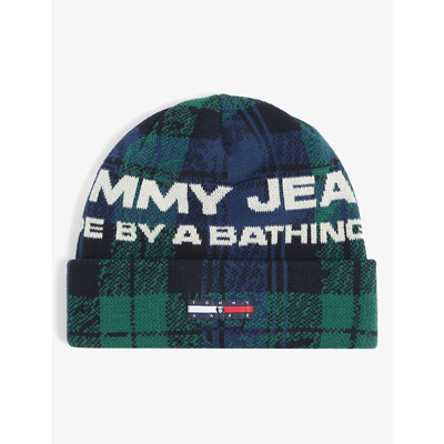 Shop Aape X Tommy Jeans Logo-embroidered Cotton Beanie Hat In Navy Green