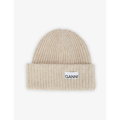 Shop Ganni Logo-patch Recycled Wool-blend Beanie Hat In Brazilian Sand