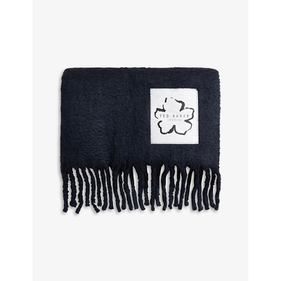 Shop Ted Baker Tiba Fringed Branded Knitted Scarf In Black