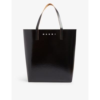 Shop Marni Tribeca Canvas And Leather Tote Bag In Black Cement Black