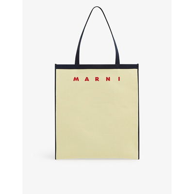 Shop Marni Flat Canvas Tote Bag In Ecru Blublack Red