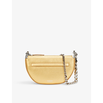 Shop Burberry Olympia Half-moon Metallic-leather Shoulder Bag In Gold