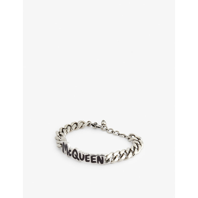 Shop Alexander Mcqueen Logo-engraved Silver-toned Bracelet In Black/trasparent