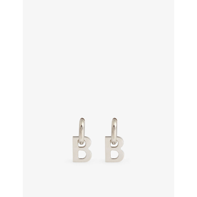Shop Balenciaga B Brass Hoop Earrings In Shiny Silver