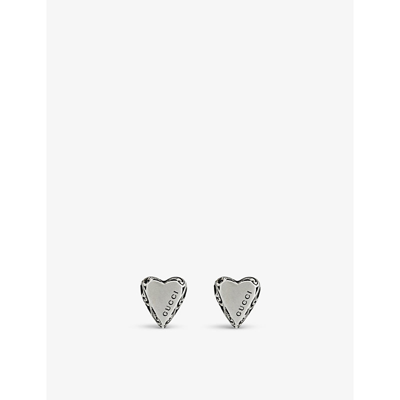 Shop Gucci Women's Silver Heart Logo-engraved Sterling-silver Stud Earrings