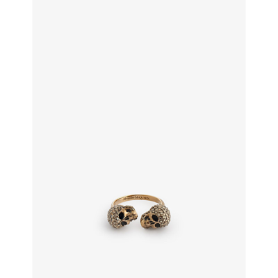 Alexander Mcqueen Woman Double-skull Ring With Crystals In Gold 