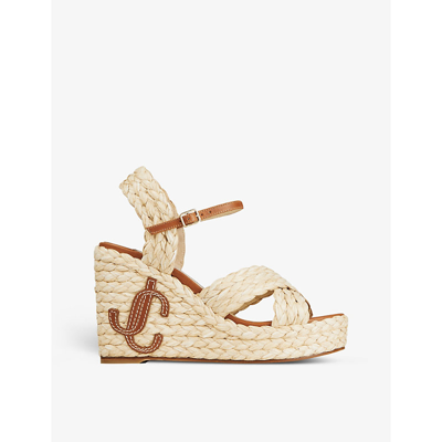 Shop Jimmy Choo Women's Natural/cuoio Dellena 100 Raffia And Leather Wedge Sandals