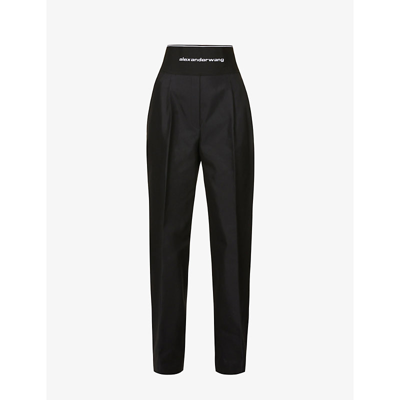 Shop Alexander Wang Branded-waistband Tapered High-rise Cotton-blend Trousers In Black