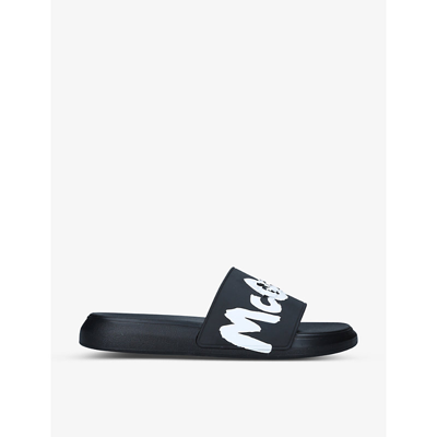 Shop Alexander Mcqueen Men's Blk/white Graffiti Rubber Sliders