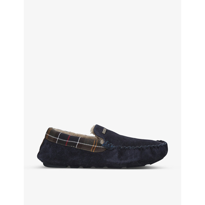 Shop Barbour Mens Navy Monty Faux Shearling-lined Tartan Slippers