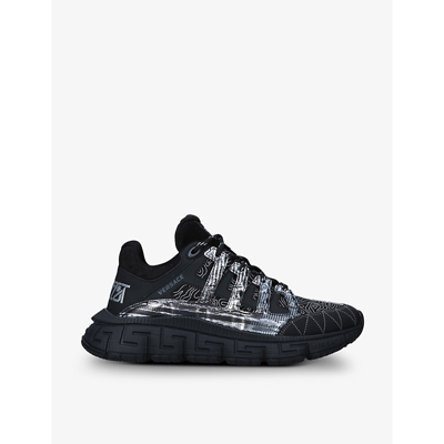 Shop Versace Trigreca Logo Mesh Low-top Trainers In Black