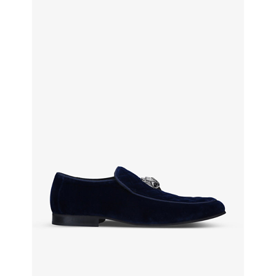 Shop Kurt Geiger Hugh Eagle-embellished Velvet Loafers In Navy