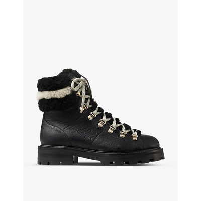 Shop Jimmy Choo Womens Black/natural Eshe Lace-up Leather And Shearling Hiking Boots