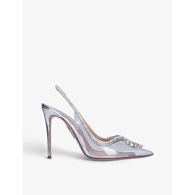 Shop Aquazzura Seduction Crystal-embellished Leather And Pvc Slingback Courts In Silver