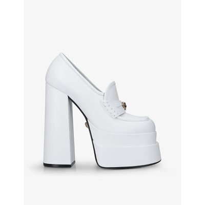 Shop Versace Womens White Medusa Aevitas Embellished Leather Platform Loafers 5
