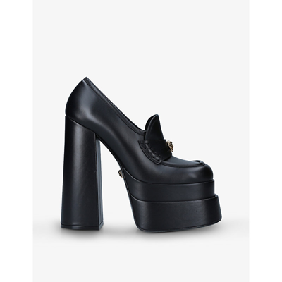 Shop Versace Medusa Aevitas Embellished Leather Platform Loafers In Black