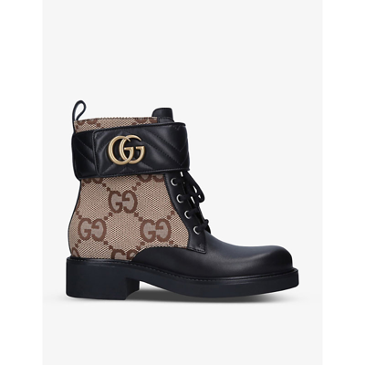 Shop Gucci Womens Blk/brown Gg Marmont Leather And Canvas Ankle Boots