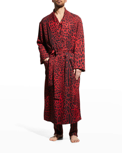 Shop Dolce & Gabbana Men's Silk Leopard-print Robe In Leo Red