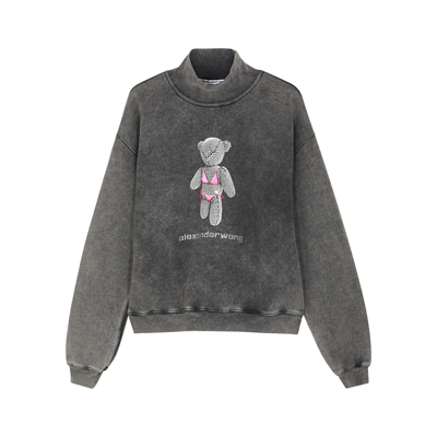 Shop Alexander Wang Grey Teddy-print Embellished Cotton Sweatshirt In Dark Grey