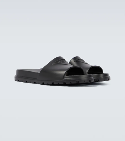 Prada Logo Rubber Slides In Nero
