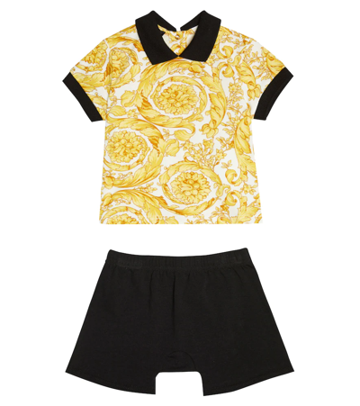 Shop Versace Baby Cotton-blend Polo Shirt And Shorts Set In Bianco+oro+nero