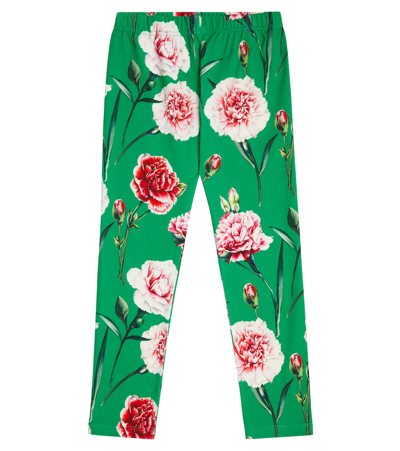Dolce & Gabbana Floral-print Cotton-blend Leggings In Garofani Fdo Verde