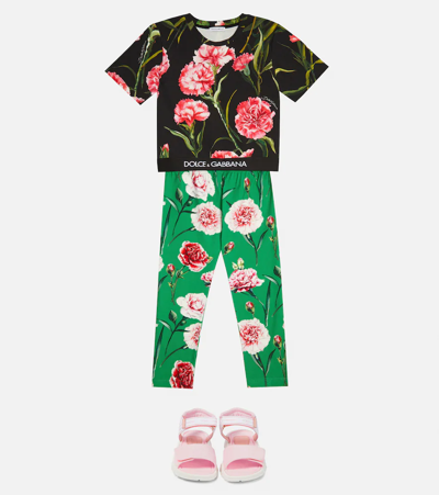 Dolce & Gabbana Floral-print Cotton-blend Leggings In Garofani Fdo Verde