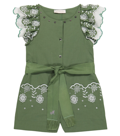 Shop Monnalisa Broderie Anglaise Cotton Playsuit In Verde Salvia