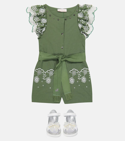 Shop Monnalisa Broderie Anglaise Cotton Playsuit In Verde Salvia