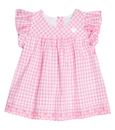 Shop Monnalisa Baby Gingham Cotton Dress In Bianco+fuxia