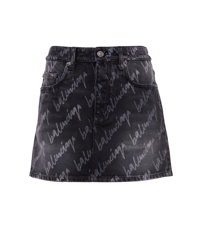 Shop Balenciaga Logo Denim Miniskirt In Stonewash Black