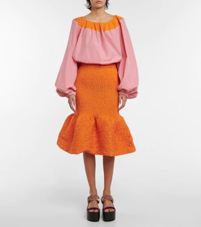 Shop Dries Van Noten Shirred Cotton Midi Skirt In Orange