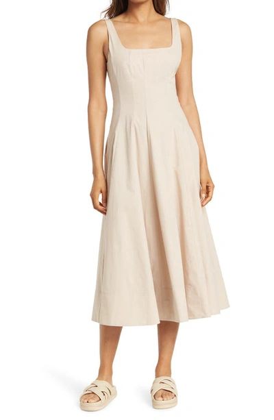 Shop Staud Wells Stretch Cotton Poplin Midi Fit & Flare Dress In Biscotti