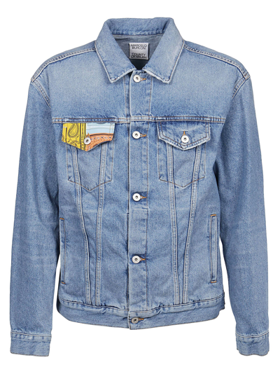 Shop Marcelo Burlon County Of Milan Bandana Stonewash Slim Jacket In Blue Multicolor