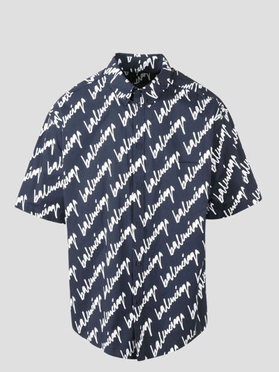 Shop Balenciaga New Scribble Short Sleeve Shirt In Blue