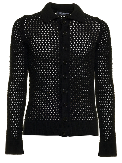 Shop Dolce & Gabbana Mans Black Polo In Perforated Wool