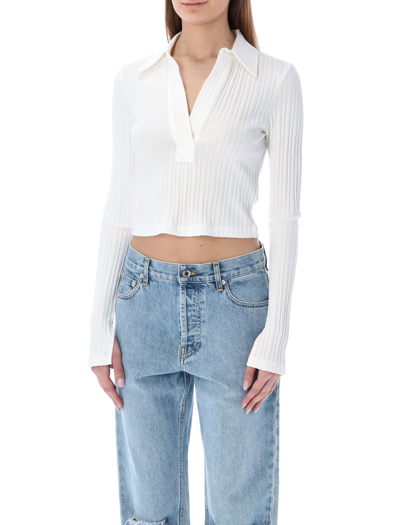 Shop Helmut Lang Cropped Rib Knit Polo In White