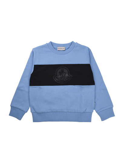 Shop Moncler Blue And Black Crew Neck Sweatshirt In Light Blue