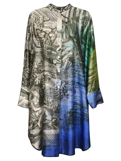 Shop F.r.s For Restless Sleepers For Restless Sleepers Asymmetric Printed Shirt Dress In Green/bluette