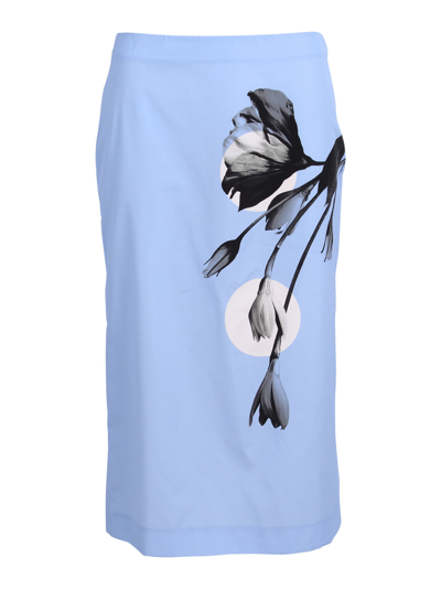 Shop Prada Grafich Print Cotton Midi Skirt In Light Blue