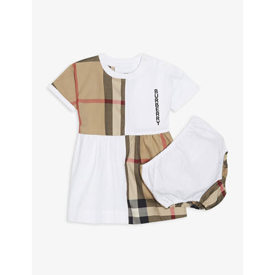 Shop Burberry White Elena Check-print Cotton Dress And Bloomers Set 3-18 Months